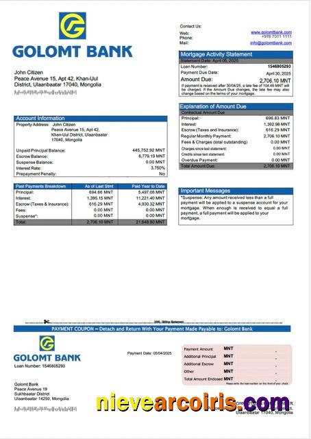 Mongolia Golomt Bank mortgage statement Word and PDF template